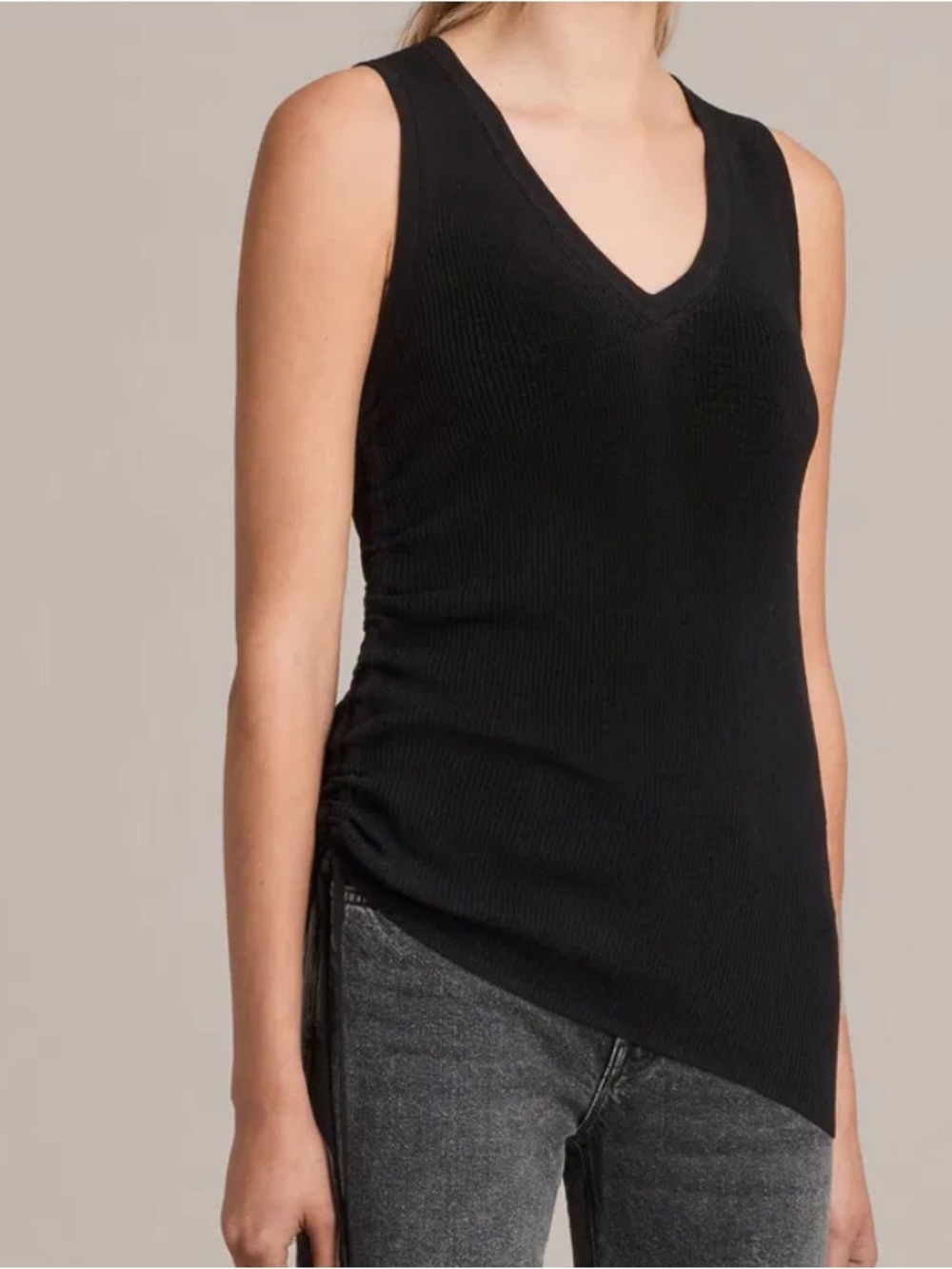 AllSaints Women’s Small Black Ribbed Tank Top Sleeveless Side Ruched Fitted